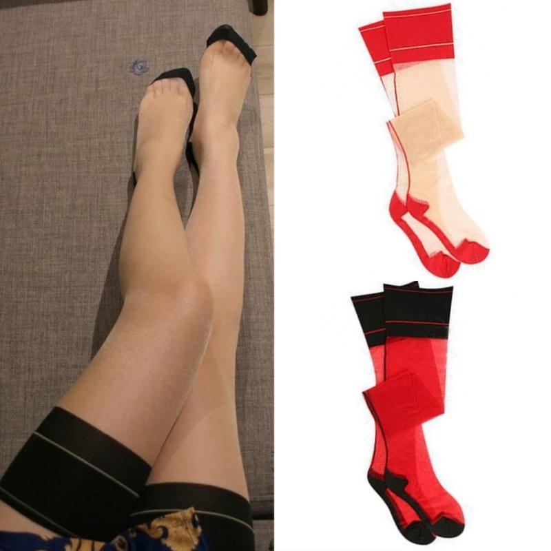 Seamed Sheer Thigh High Stockings Contrast Top Cuban Heel Backseam Stockings Nylon Stockings Hosiery for Women Girls