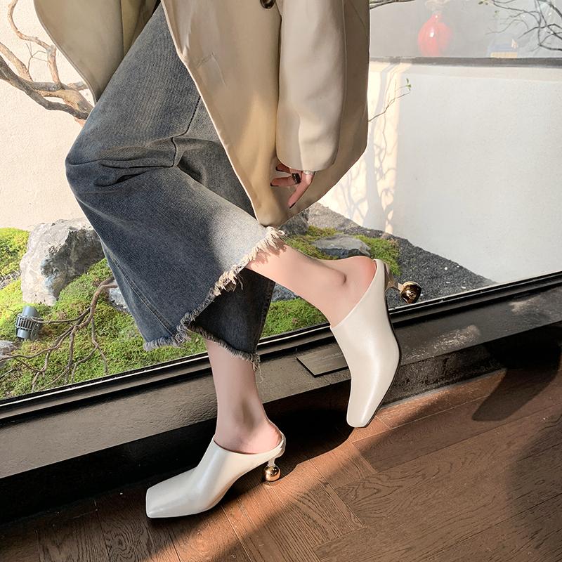 Fashion New 6.5cm High Heels Elegant Women Slides Square Toe Shallow Summer Dress Slides Sexy Metal Strange Style Heels Shoes Size 42