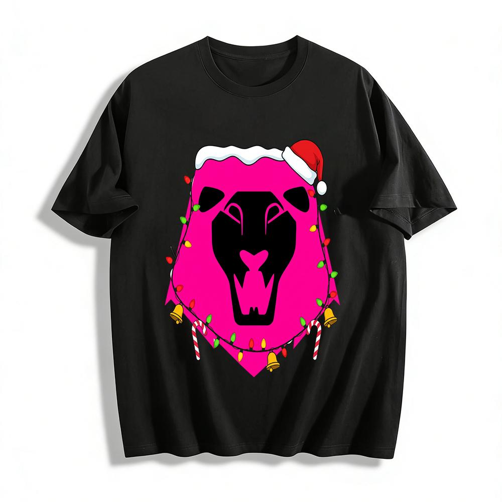 

Christmas Theme Black Panther Print Top Festive String Light Bell Decor Casual Loose T-shirt Pure cotton T-shirt XXS