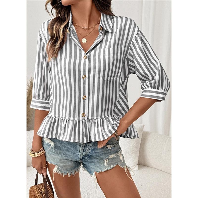 Casual Button Seven Quarter Sleeve Commuting Striped Shirt