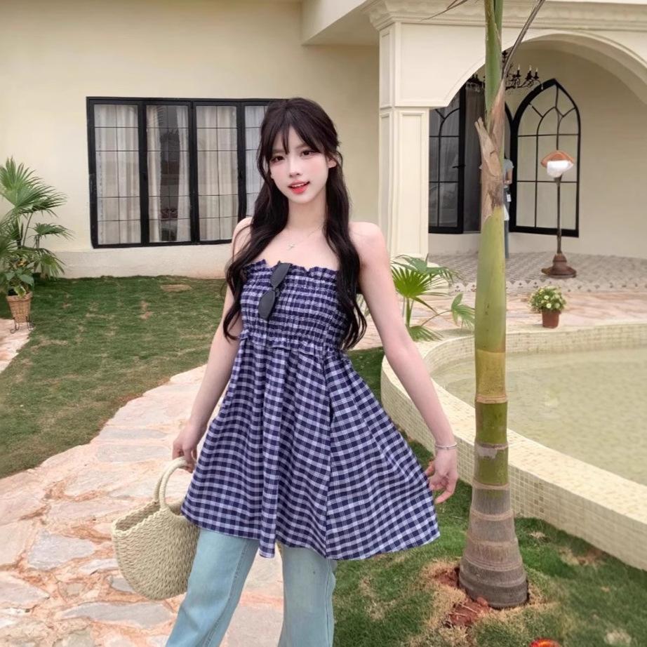 Niche design sense two wear blue plaid skirt women's summer French temperament tube top skirt a word umbrella skirt