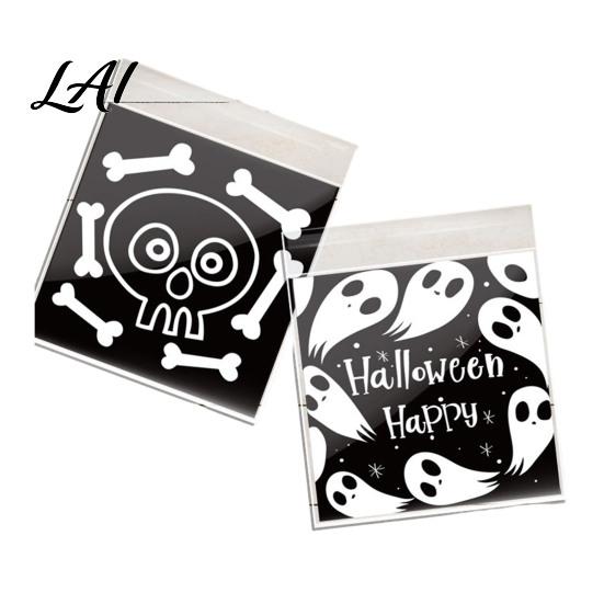 Self Adhesive Treat Bags 100 Pcs Small Halloween Bags Seal Clear Candy Dessert Snack Cookie Trick or Party Favors for Holiday Cute Cartoon Pouches
