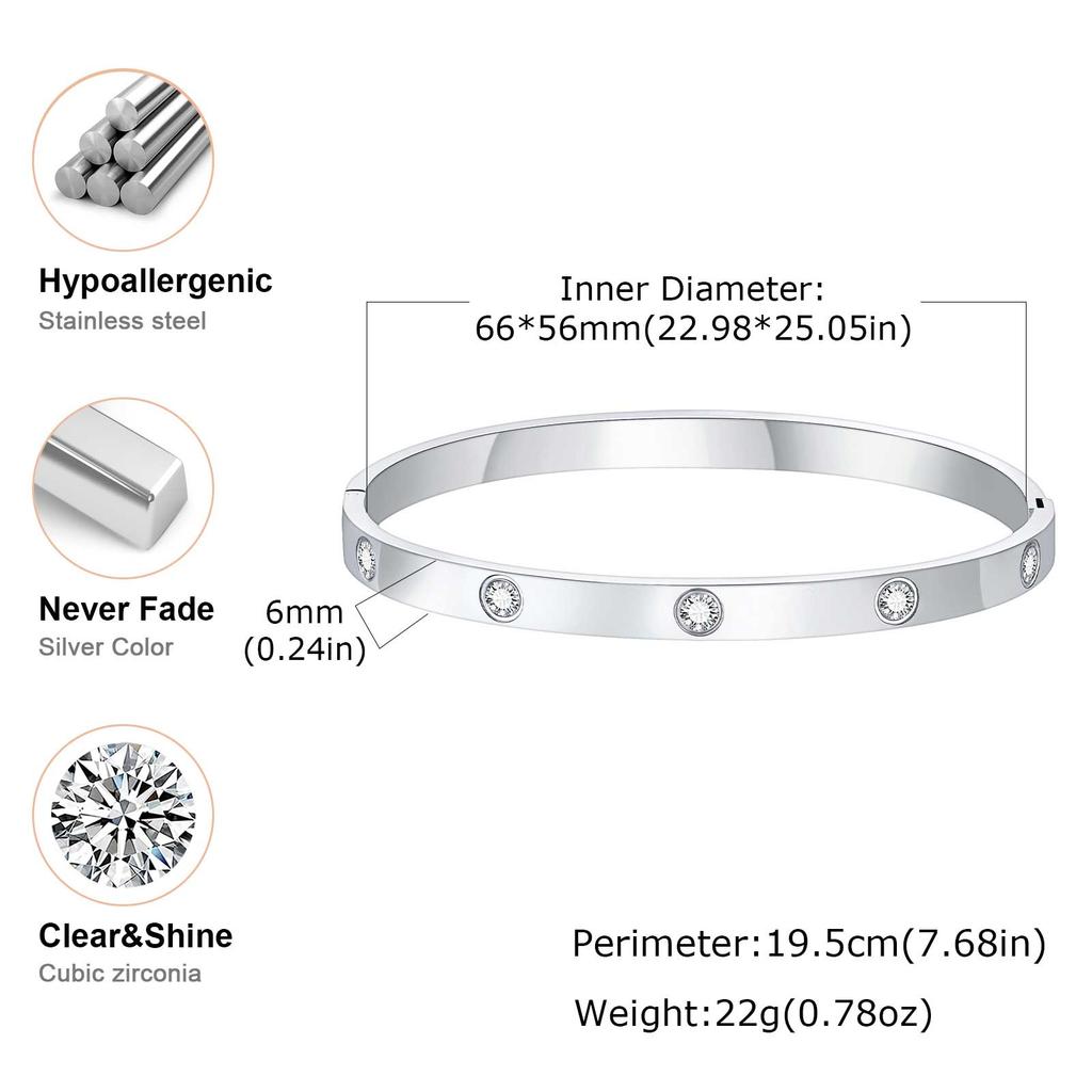 6MM Stylish Men's Bangles,Waterproof AAA CZ Stone Stainless Steel Bracelet,Valentine's Day Anniversaries Birthday Gift for Him