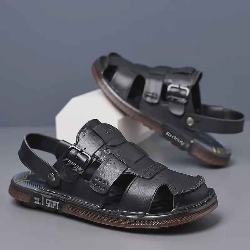 Genuine Leather Men's Summer Sandals - Closed Toe, Non-Slip Outdoor & Driving Shoes with Trendy Cowhide Sole
