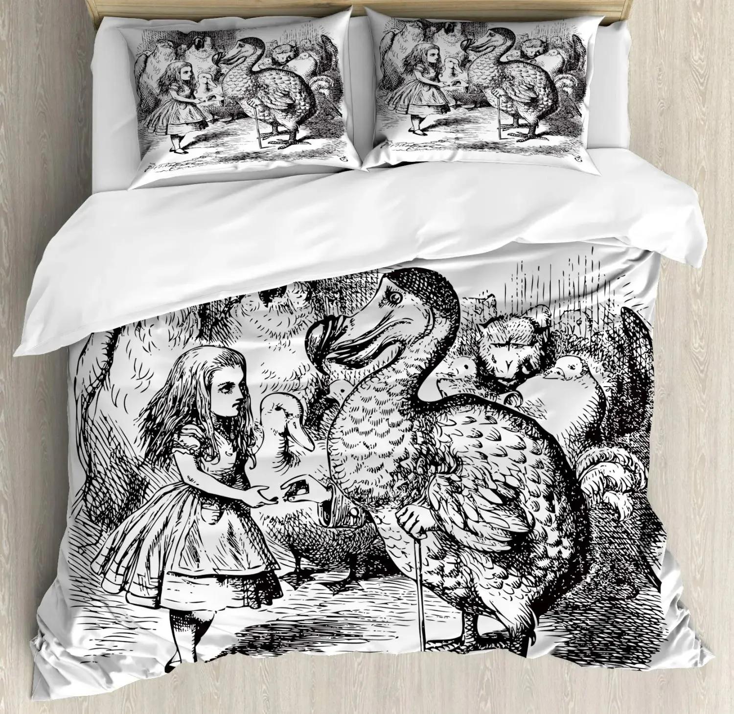 

Alice In Wonderland Duvet Cover Set,Welcome Wonderland Black and White Floor Landscape Mushroom Print, Decorative Bedding Sets EU Single 135x200cm