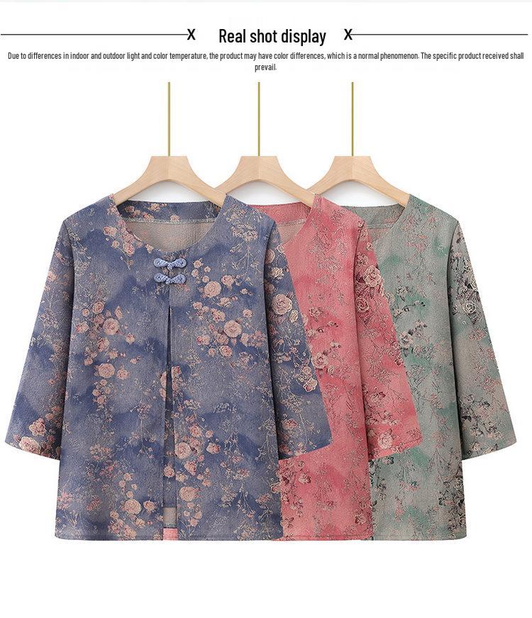Chinese Style Plus Size Summer Blouse for Middle-Aged & Elderly Women: Mid-Sleeve & Two-Piece Look