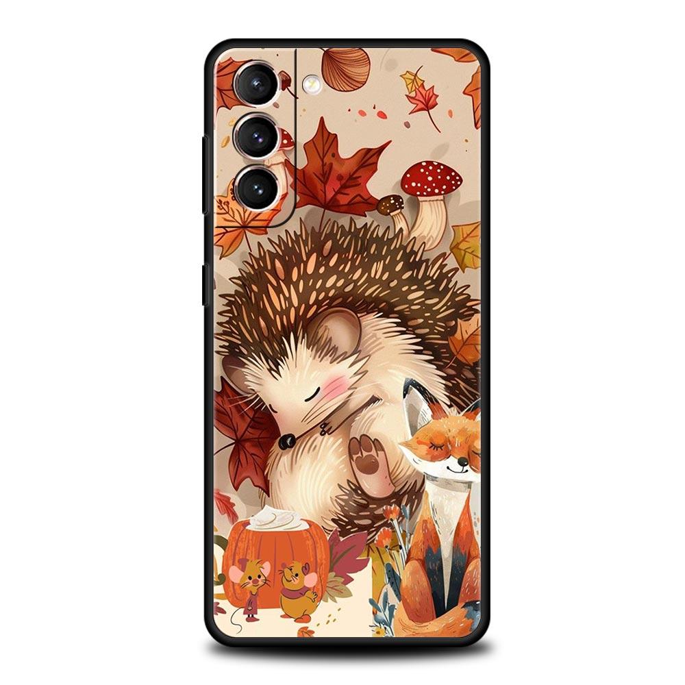 Autumn Cute Hedgehog Design Phone Case For Samsung Galaxy S26 Ultra S25 Plus S24 FE S23 S22 5G S21 S20 Cover Black Soft