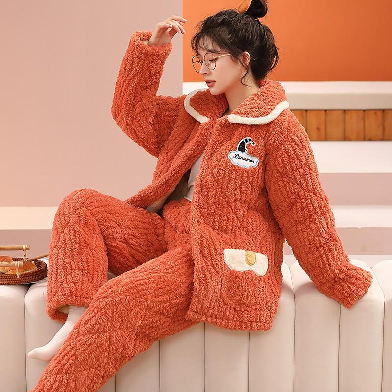 Womens Coral Fleece Quilted Pajama Set Winter Warm Flannel Loungewear