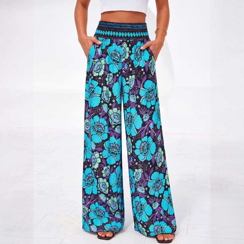 Women Plus Size Wide Leg Palazzo Pants Summer Boho Floral Print High Waist Elastic Waistband Lounge Trousers with Pockets
