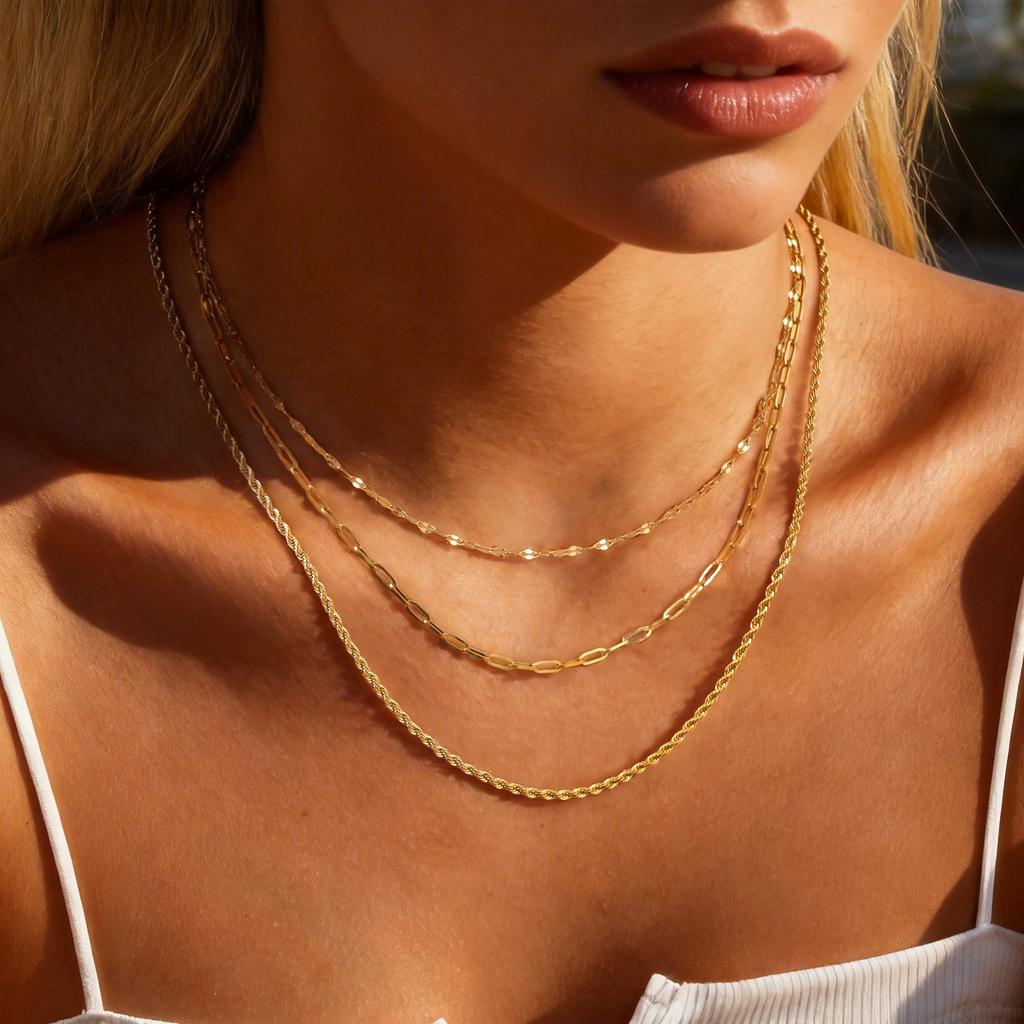 Layer Basic Chains Necklace for Women, 18K Gold Plated Stainless Steel Lips Round Bead Curb Twist Rope Chain Necklace Waterproof