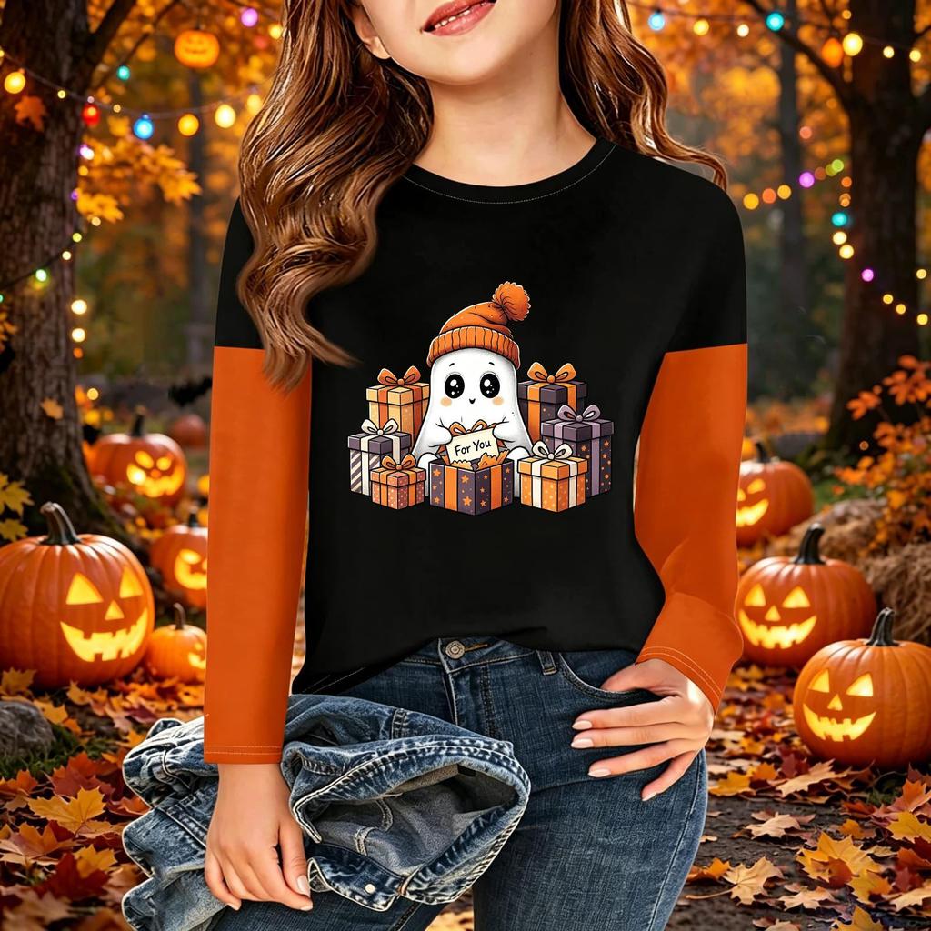 Children's Halloween Printed Long Sleeve Round Neck Casual Base Layer Shirt for Boys and Girls