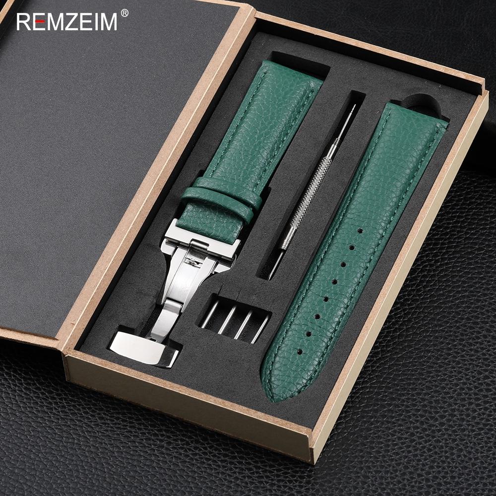 Litchi Pattern Design Leather Wrist Band 18mm 20mm 22mm Men Women Strap with Butterfly Buckle Gift Box Packaging Watchband