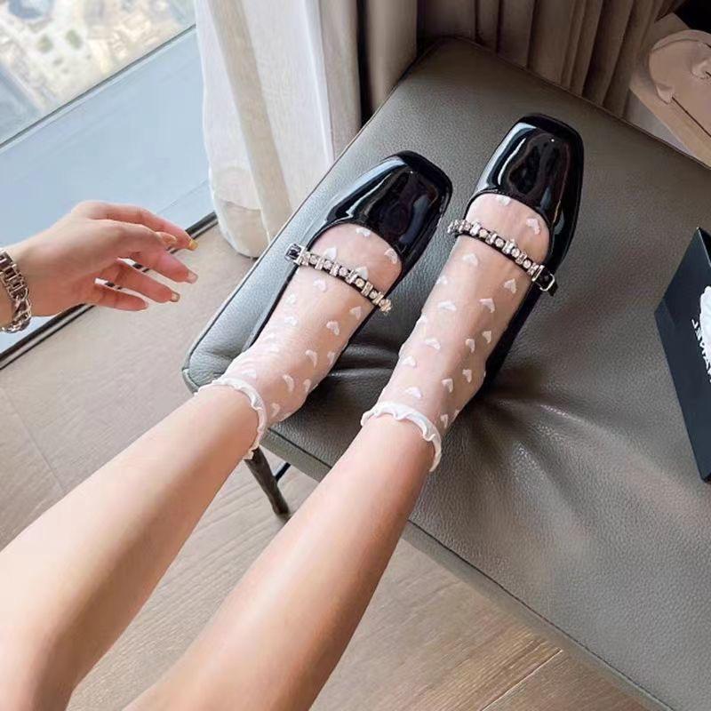 Japanese Lace Lolita Heart Frill Transparent Slouch Socks with Mary Jane Leather Shoes