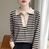 Women's Short Striped Knitted Cardigan with Turn-Down Collar - Versatile Autumn Fashion Sweater