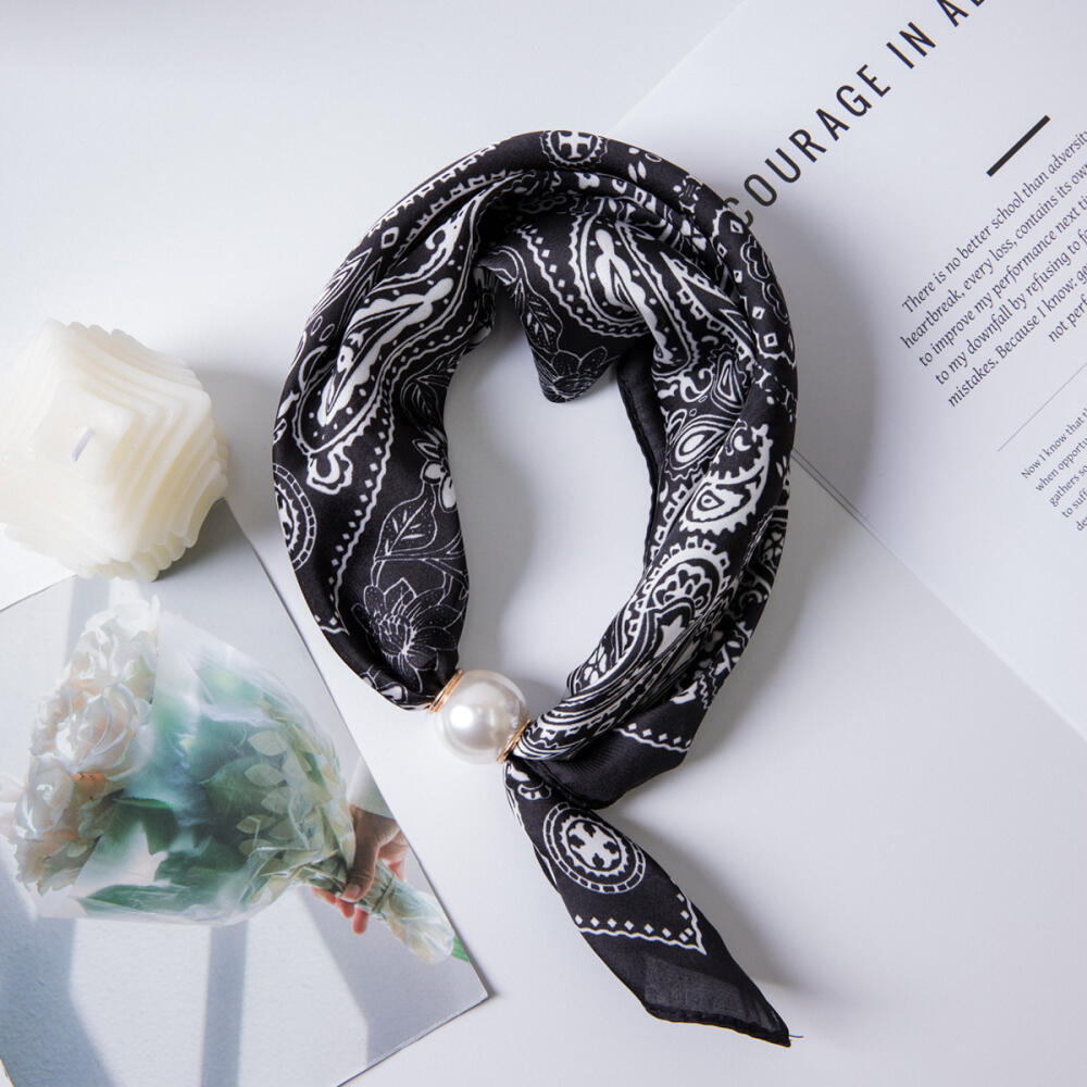 Pearl Magnetic Buckle Silk Scarf Double Square Scarf Necklace Chain Scarf Neck Pattern Small Scarf