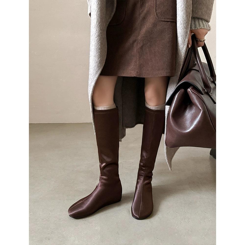 French round head inner height increase slope heel elastic thin boots 2025 super fire beautiful huge good-looking early autumn tall boots women