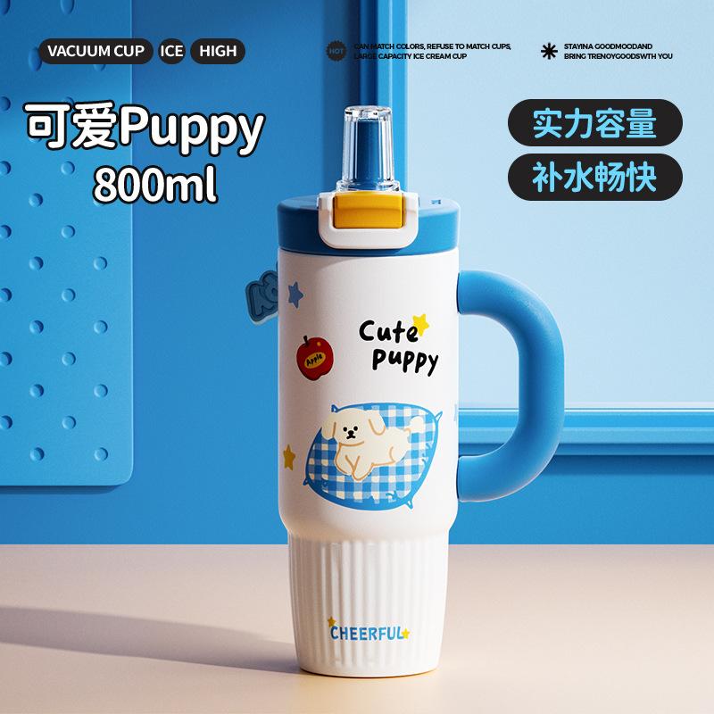 High value stainless steel thermos cup Large capacity Bingba cup Outdoor double drinking straw water cup Student handle cup