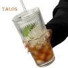 Szklany kubek do kawy Stripe Glass z pokrywką i słomką 600 ml wielokrotnego użytku do mrożonego soku, mleka, herbaty, mrożonej kawy, można myć w zmywarce, przezroczyste szklanki do picia