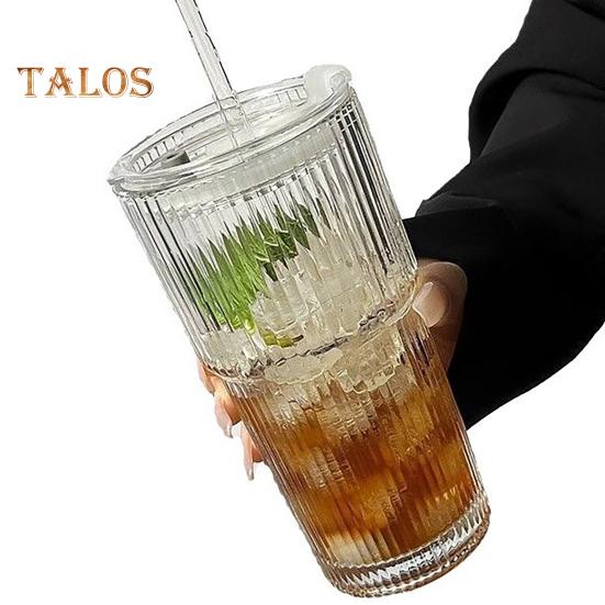 Szklany kubek do kawy Stripe Glass z pokrywką i słomką 600 ml wielokrotnego użytku do mrożonego soku, mleka, herbaty, mrożonej kawy, można myć w zmywarce, przezroczyste szklanki do picia