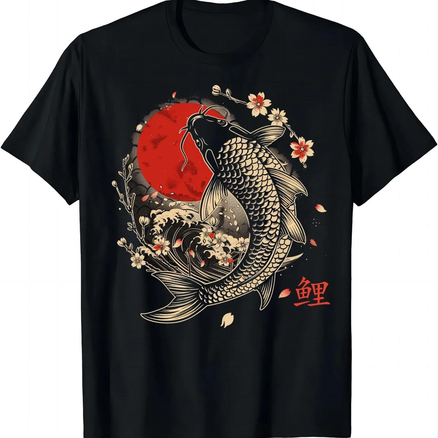 

2025 new model Blossom Koi Carp Fish Japanese Sakura GraphicT-Shirt Women Clothes s Graphic T Shirts Harajuku Ropa De S чёрный