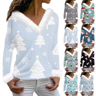 Women's Fashion Long Sleeve Christmas Printed Party Plush Neck V-Neck Top