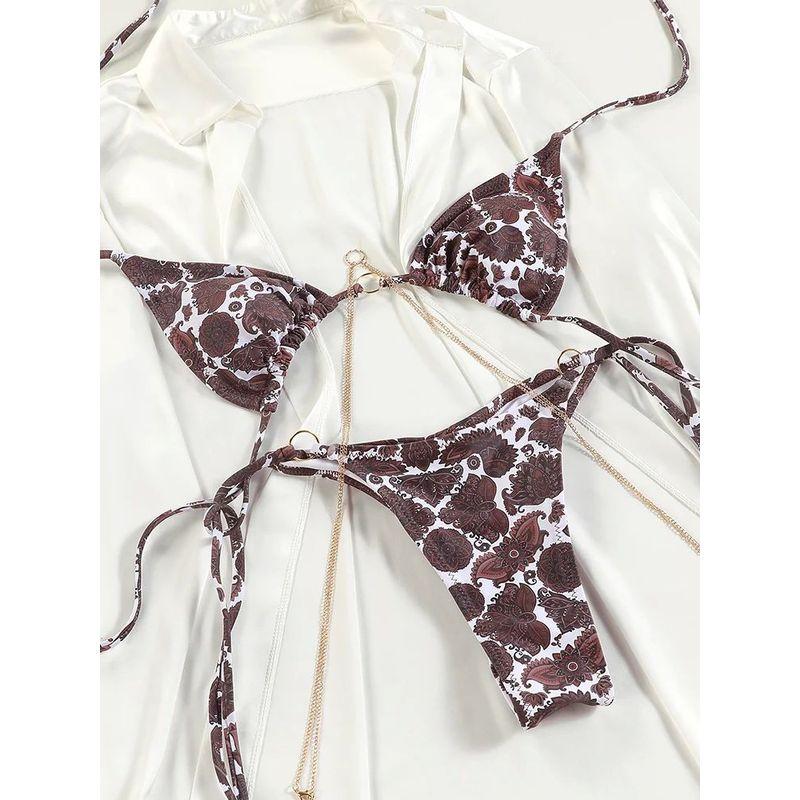 Open Back Printed Lace Up Swimsuit Set Backless Print String Bikini Set