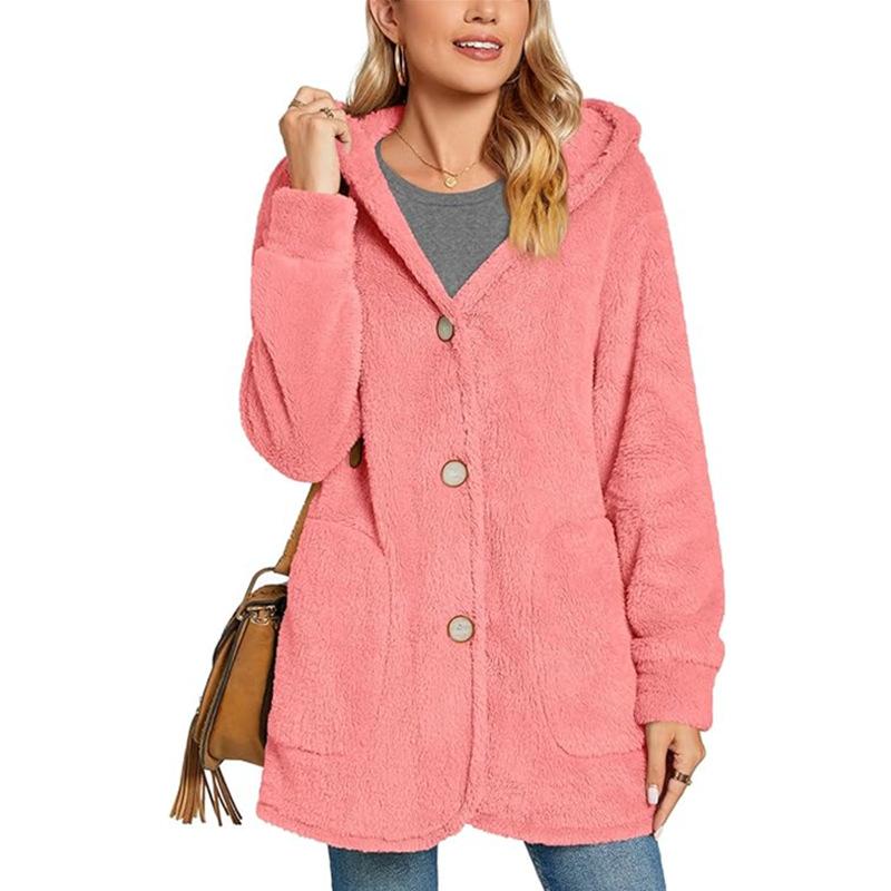 Women's Long Sleeve Button Pocket Casual Plush Hooded Jacket