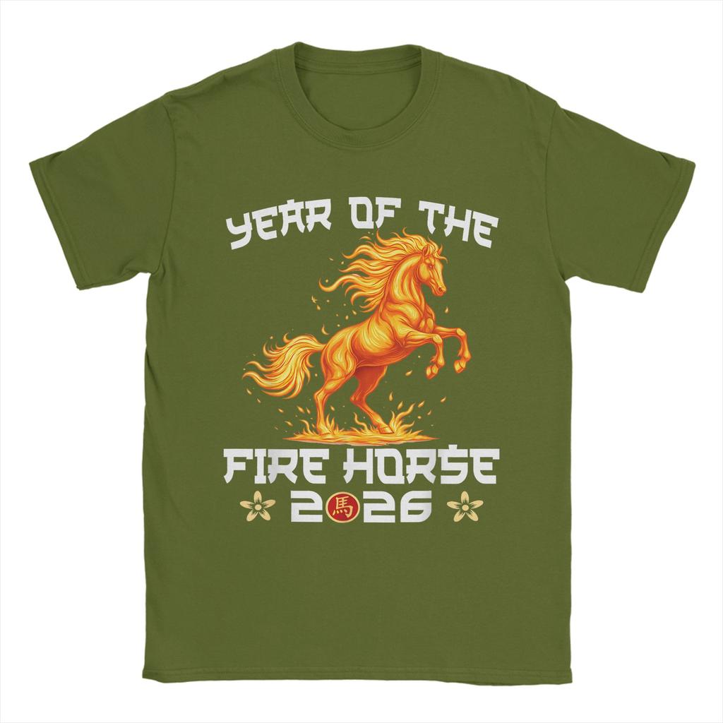 Mens TShirt Year of The Fire Horse New Year 2026 Zodiac Horse Pure Cotton Tees Short Sleeve  T Shirts O Neck Tops Unique