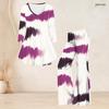 Women Plus Size V Neck Three Quarter Sleeve Printed Blue Flared Top And Flared Pants Two Piece Set
