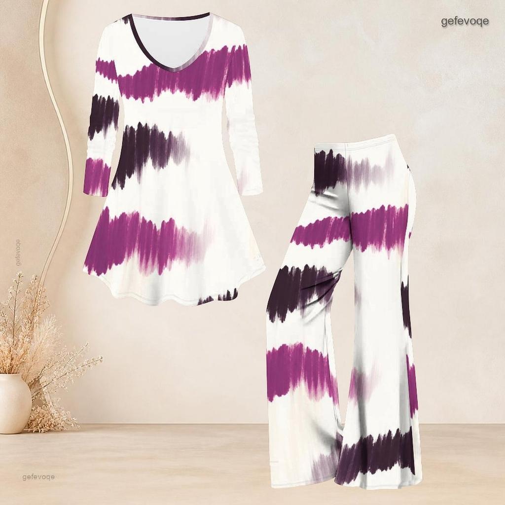 Women Plus Size V Neck Three Quarter Sleeve Printed Blue Flared Top And Flared Pants Two Piece Set