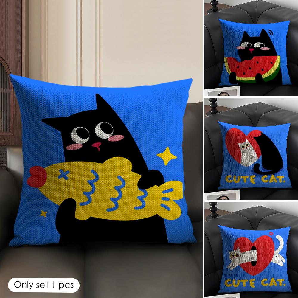 Cute Cat Cushion Cover Summer Breathable Linen Organic Fabric Double-Sided Printing Sofa Pillow Case Home Decor