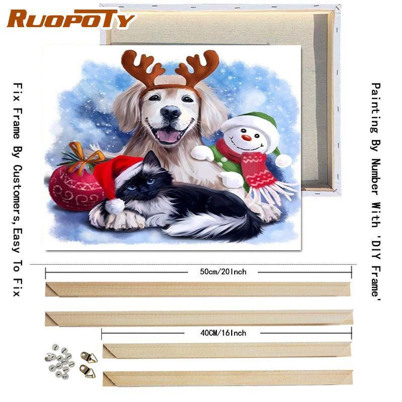 Ruopoty DIY Frame Picture By Numbers Cat Animal HandPainted Wall Art Unique Gift Painting By Number Winter Christmas Gift