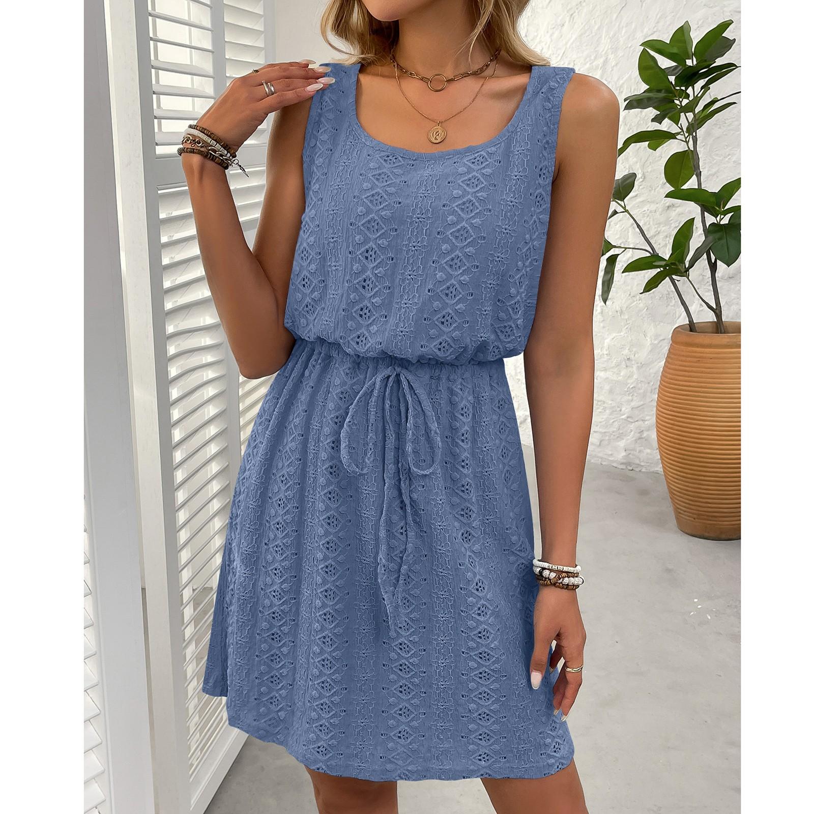 

Women s Loose Color Quare Neck Spring Hollow Out Drawstring Sleeveless Dress M синій