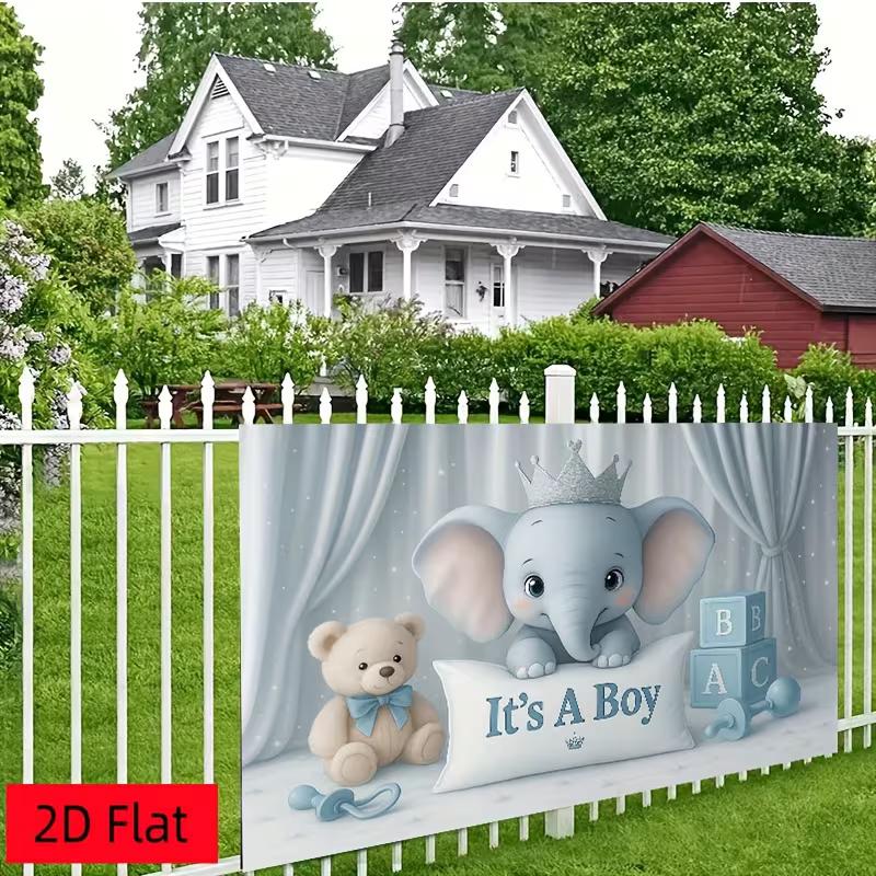 2D Boy Baby Shower Banner, Blue Elephant & ABC Blocks Decoration Background