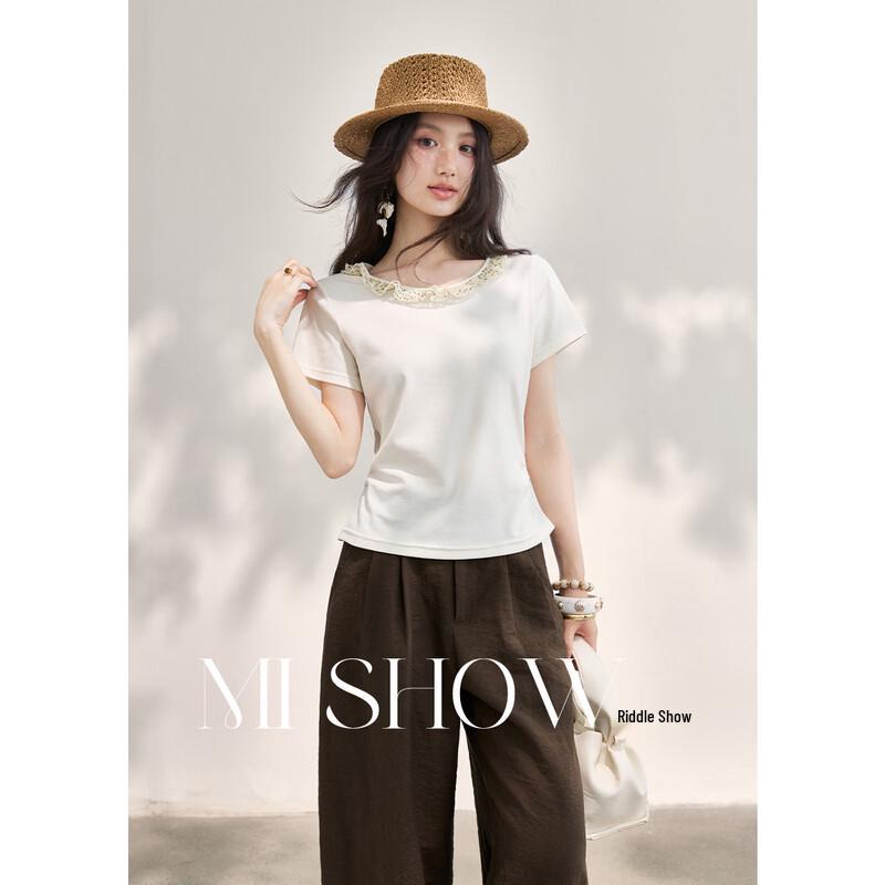 Women s Polka Dot Lace Pleated Short Sleeve Top S
