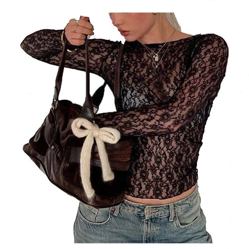 Casual Sexy Lace Crop Top for Women – Stylish Figure-hugging Long-sleeved Top for Night Out Summer