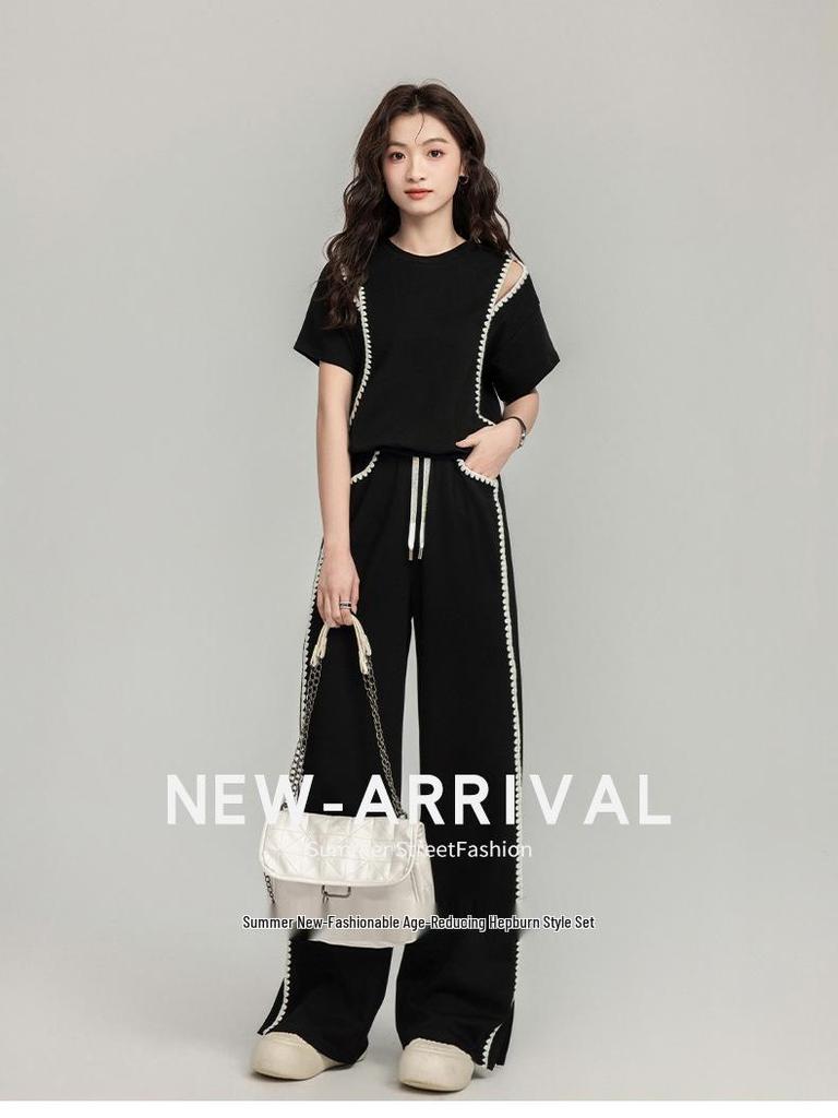 2025 Summer Trendy Sporty Slim Two-Piece Set: Short-Sleeve Top & Wide-Leg Pants
