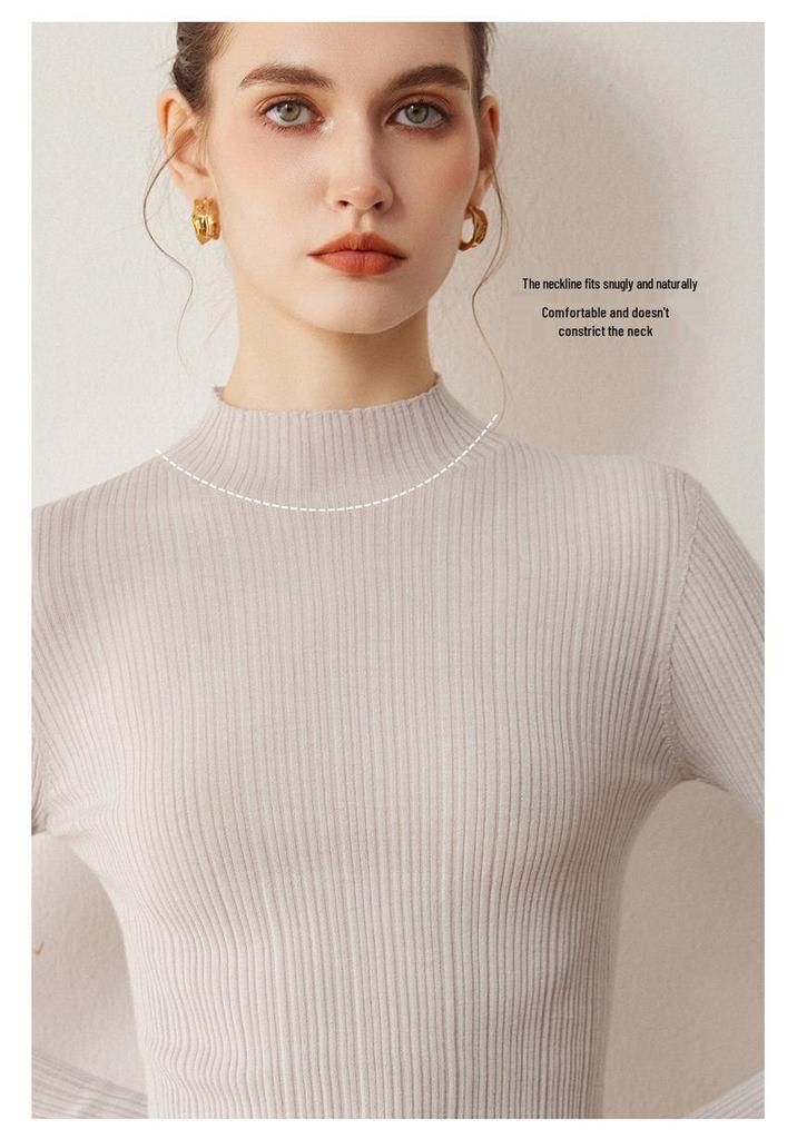 2025 Autumn Women's Slim Fit Korean Style Pleated Half-High Neck Wool Sweater