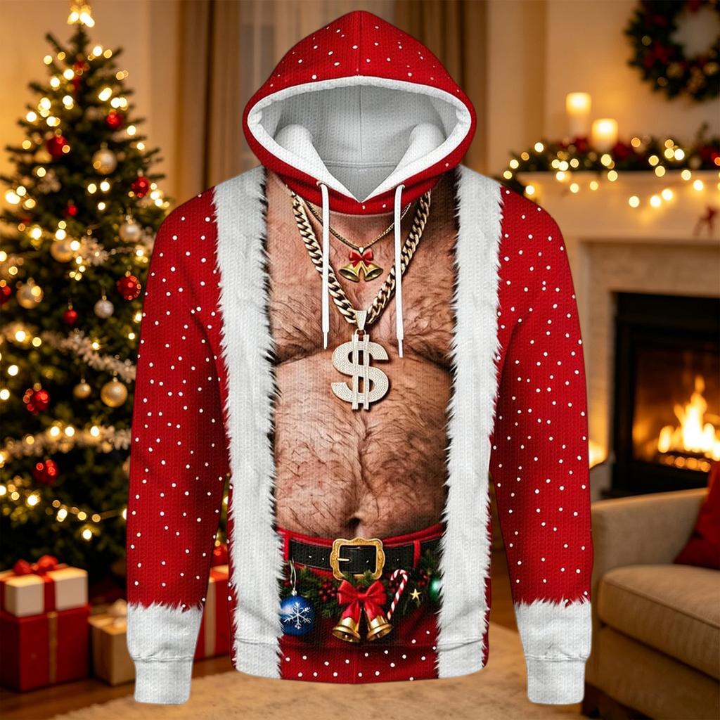 Men's Casual Loose Fit Long Sleeve Hooded Shirt Christmas Print Pullover