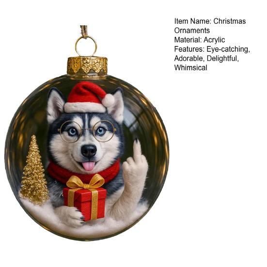Funny Dog Christmas Ornament 2D Middle Finger Dog Round Ornaments for Christmas Tree Hanging Decor Gag Gifts for Dog Lovers