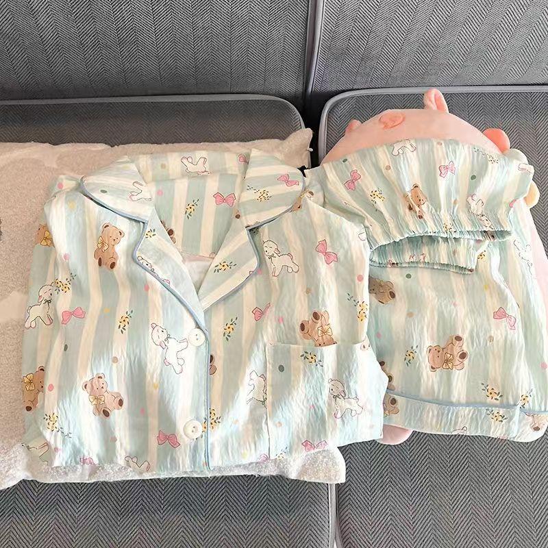 

Super cute cartoon ins wind striped bear pajamas women s spring summer short-sleeved shorts set student dormitory loungewear S [recommended weight 35-40kg]