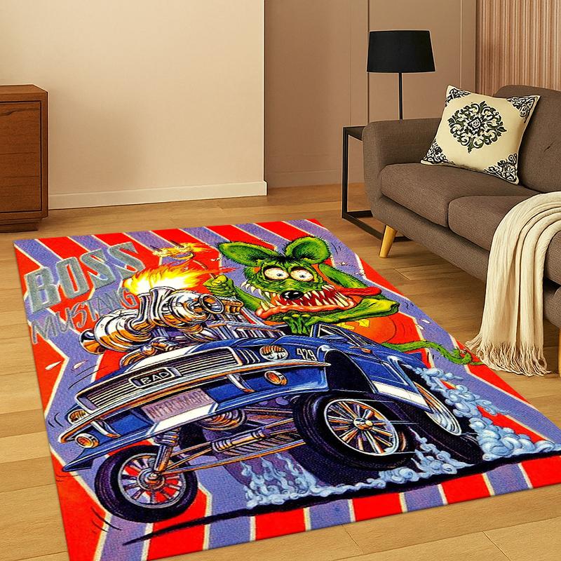 

Мультяшный знак Rat Fink Гоночный автомобиль Мотоцикл Ковер для спальни Гостиной Дивана Прихожей Декор дома, Игровой коврик для детей Нескользящий 40x60cm