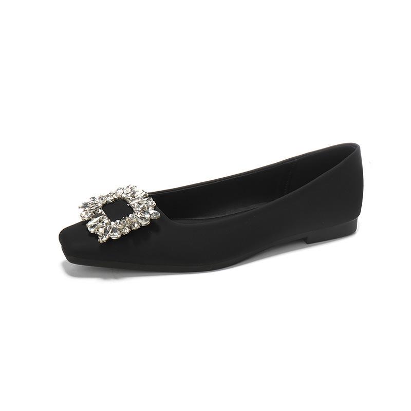 Single shoes new square head shallow mouth soft sole ladyshoes temperament rhinestone square buckle commuter flats