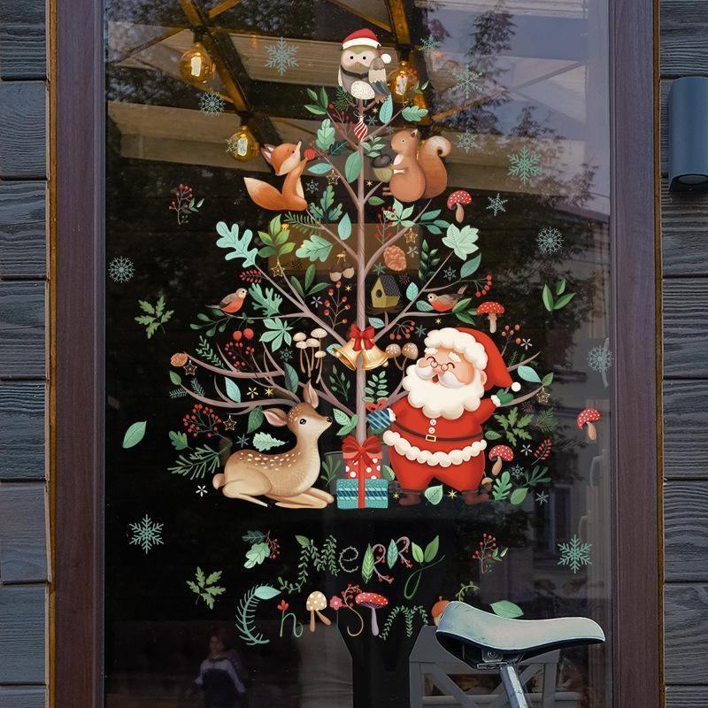Christmas Window Stickers Santa Claus Xmas Tree Cartoon Glass Decal Merry Christmas New Year Holiday Decorations for Home
