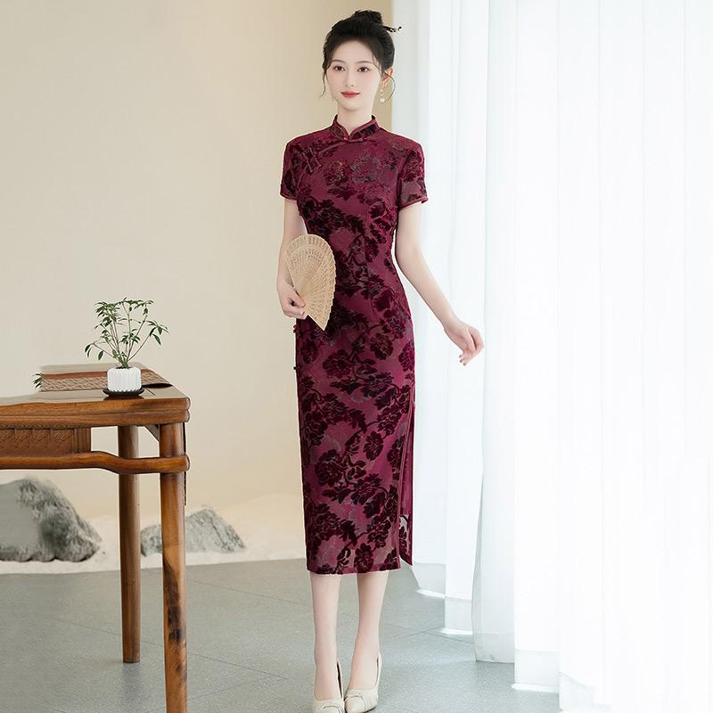 LongChinese-style Qipao Dress Women Vintage Fit Short Sleeve Daily Wear With Stand Collar Side Slit