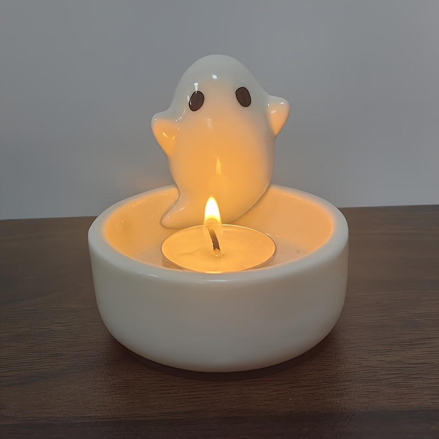 1pc, Ceramic Ghost Tea Light Candle Holder, Decorative Spooky Themed Home Decor Accessory, Round Base, For Halloween & Year-Round Display