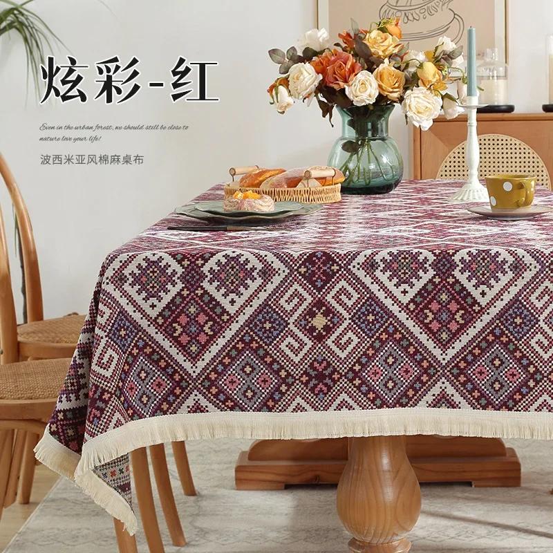 Vintage Bohemian Style Dining Table Cloth Cotton and Linen Home Decor Geometric Tablecloth Furniture Tea Table Dust Cover Towel