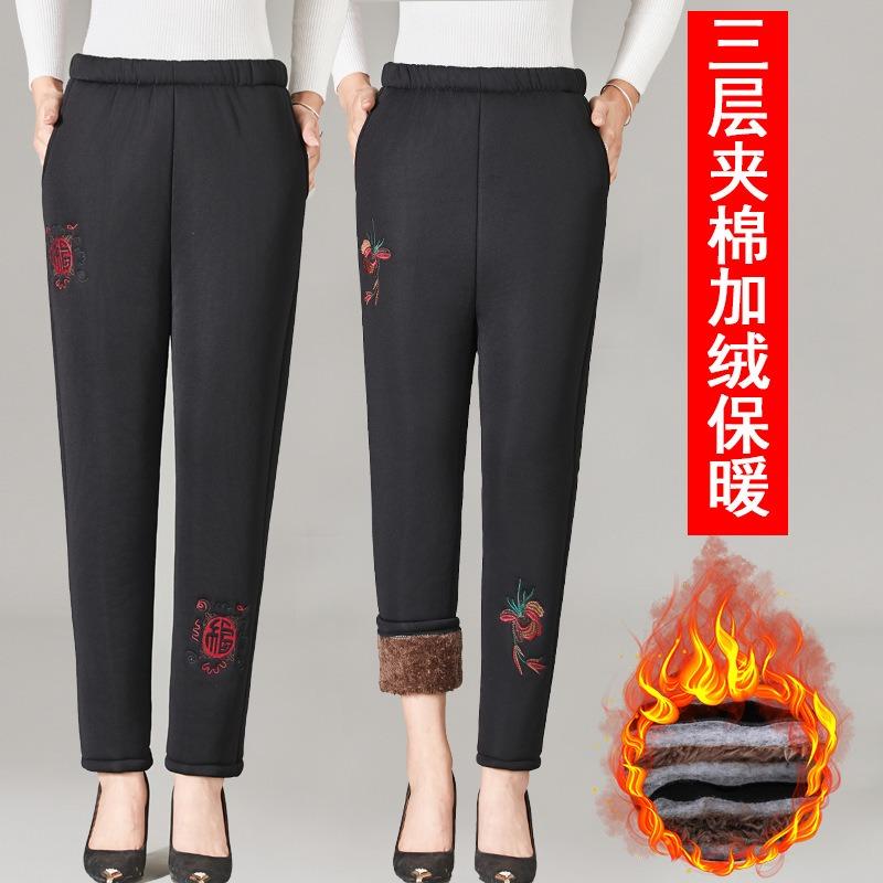 Elderly cotton pants female mother lamb wool pants piled and thickened outer wear winter old lady high waist loose grandma pants