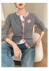 Women's Cashmere Cardigan: Color Block, Round Neck, Sweetheart Embroidery, Loose Fit Sweater.