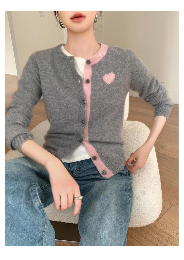 Women's Cashmere Cardigan: Color Block, Round Neck, Sweetheart Embroidery, Loose Fit Sweater.